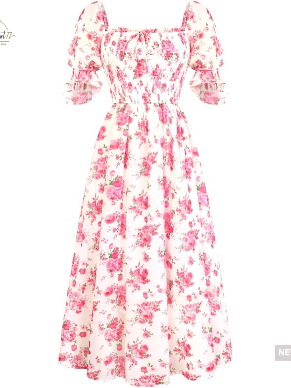 Floral Smocked Midi Dress with Pockets, Square Neck, Ruffled Sleeves